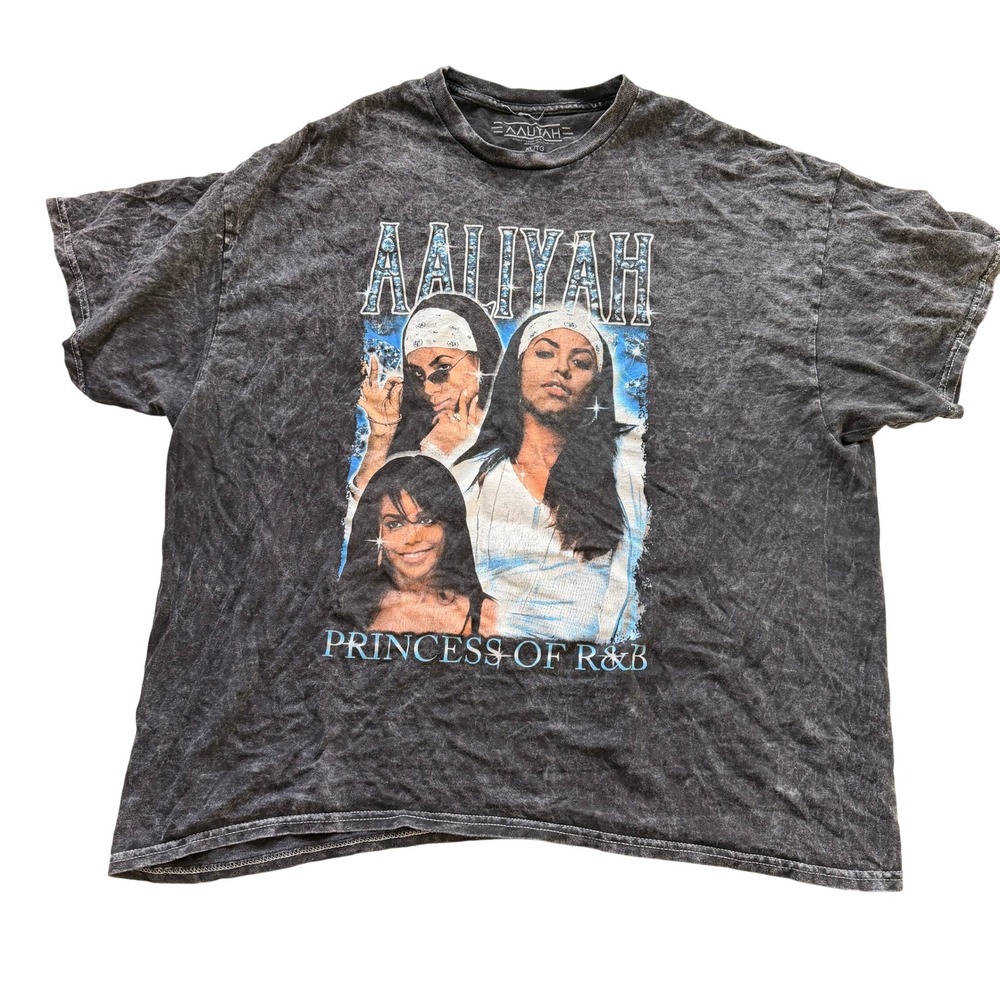 Aaliyah Men Princess of R&B Graphic T-Shirt XL Black Acid Wash Tee Hip Hop Retro